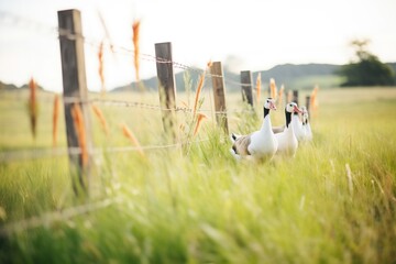 geese pecking near fence line in country field