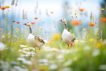 geese in mid-honk amidst wildflowers