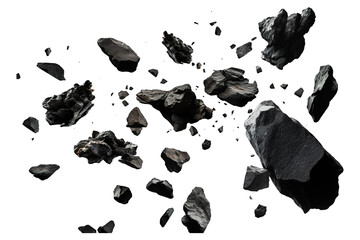 Falling black rocks isolated on transparent background Remove png, Clipping Path, pen tool - obrazy, fototapety, plakaty