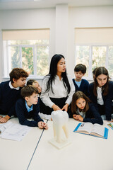 Asian teacher showing tooth model to group of kids during anatomy class