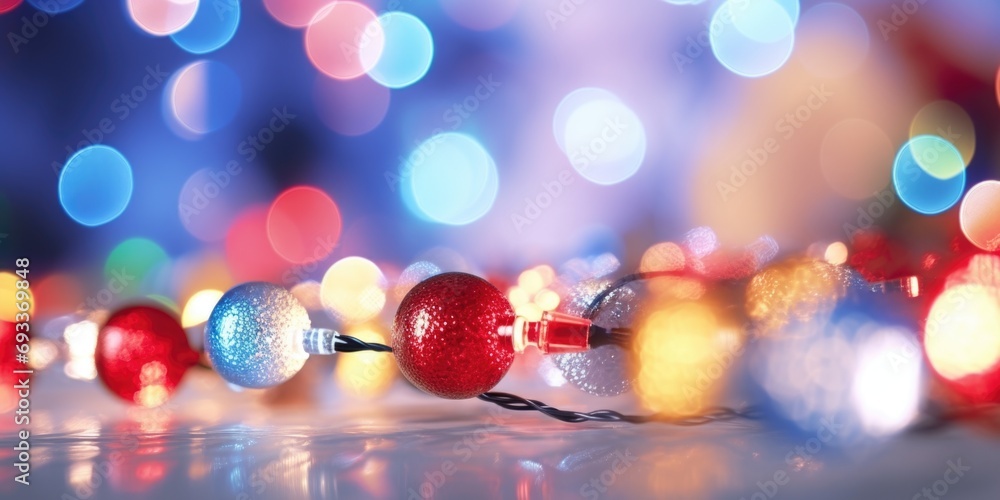 Poster A detailed close up view of a string of Christmas lights. Perfect for adding a festive touch to holiday decorations