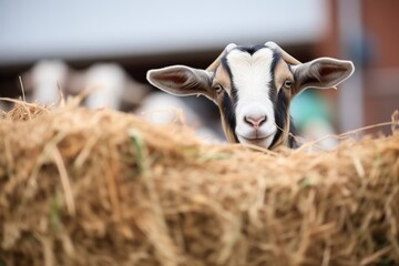 curious goat peeking over stacked hay wall - obrazy, fototapety, plakaty
