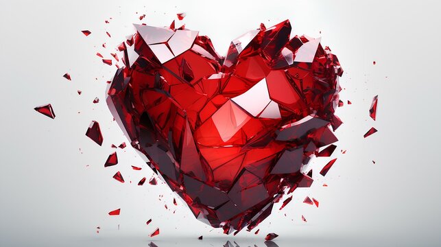 A broken heart made of bright red glass on a white background. 3d rendering.