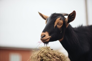 black goat chewing hay on top of stack - obrazy, fototapety, plakaty