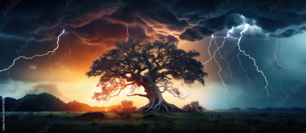 Poster lightning strikes behind a lifeless tree in the scenery.