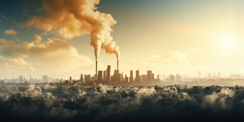 A cityscape with thick smoke billowing out, creating a dramatic atmosphere. Perfect for illustrating pollution, industrialization, or the effects of a disaster.