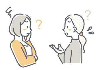 悩む二人の主婦　シンプルでお洒落な線画イラスト　