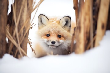 Obraz premium fox peeking out of snowy den