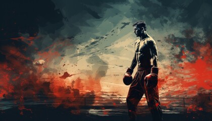 A street art style drawing of a boxing fighter on the ring in fighting stance. Realistic image of athlete with muscular naked torso wearing boxing gloves. Dark red and black grunge tones. - obrazy, fototapety, plakaty