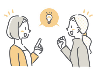 解決策を思いついて喜ぶ二人の主婦　シンプルでお洒落な線画イラスト　