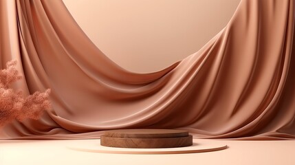 3D display podium, brown background with wood frame pedestal and flying silk cloth curtain - obrazy, fototapety, plakaty