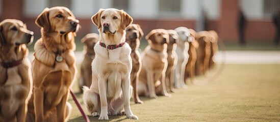 In the dog school, dogs are trained in basic commands and focus retention with their handlers.