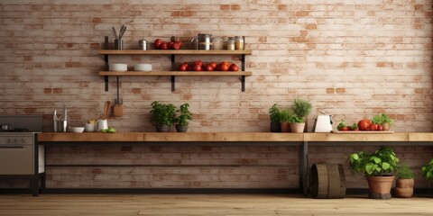 Healthy food-themed mock-up of a kitchen with brick walls, wooden furniture, and parquet flooring.