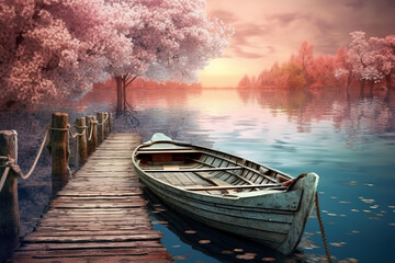 romantic jetty on the lake with old wooden boat - obrazy, fototapety, plakaty