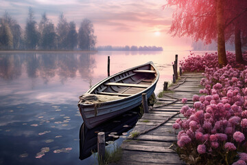romantic jetty on the lake with old wooden boat