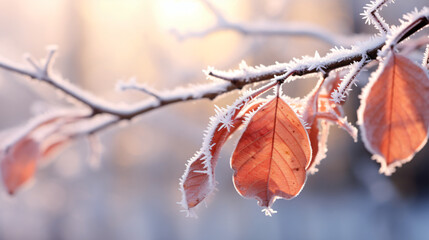 Frozen branch with autumn leaves autumn winter background