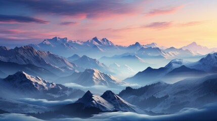 Fototapeta na wymiar Colorful Mountain Landscape Covered Fog Snow, Wallpaper Pictures, Background Hd