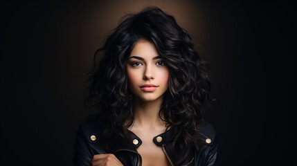 Naklejka premium Portrait of a young Latin woman. Girl on a dark background. The girl looks at the camera. AI generative