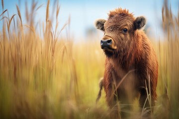 bison standing beside tall prairie grasses - obrazy, fototapety, plakaty