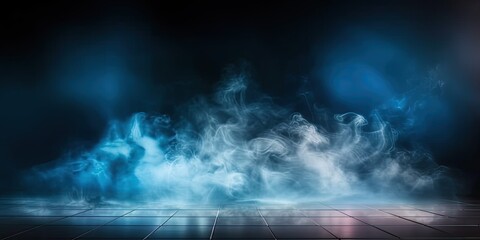 Neon smoke nights. Dark and moody abstract background illuminated by electric blue glow of futuristic lights creating atmosphere of mystery and drama