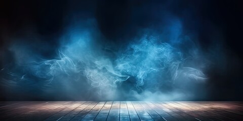 Neon smoke nights. Dark and moody abstract background illuminated by electric blue glow of futuristic lights creating atmosphere of mystery and drama - obrazy, fototapety, plakaty