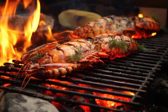 Grilled lobsters cooking on a grill with flames in the background. Perfect for seafood enthusiasts and summer barbecues