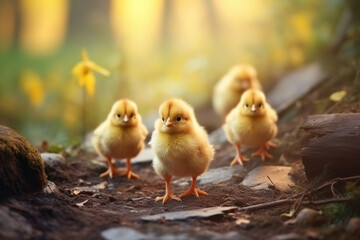 little chicks are walking in nature