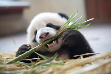 panda cub biting bamboo shoot