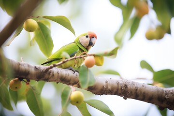 monk parakeet munching on a mango tree - obrazy, fototapety, plakaty