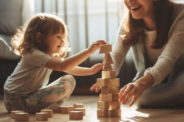 A woman and a child engaging in a fun and educational activity with wooden blocks. Perfect for...