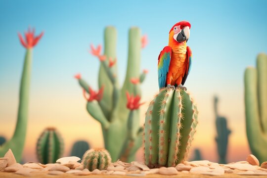 red-fronted macaw on a cactus plant