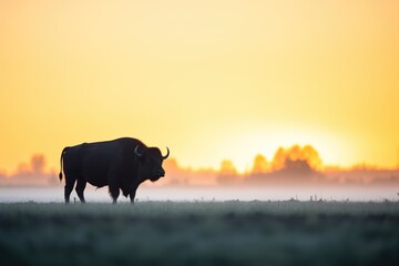 lone bison silhouette at sunrise in open fields