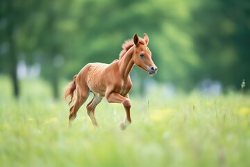 Naklejka na ściany i meble chestnut foal running in a green pasture