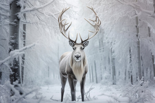 impressive reindeer in the forest in winter