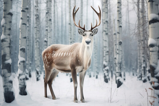 impressive reindeer in the forest in winter