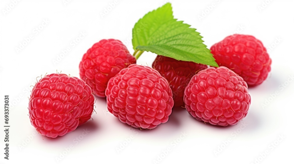 Poster fresh raspberries with leaves arranged on a white surface. ideal for food and health-related project