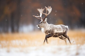snow-dusted caribou shaking off winter chill