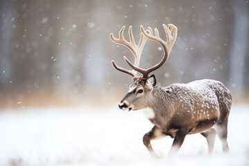 caribou with snow-covered antlers in a blizzard - obrazy, fototapety, plakaty
