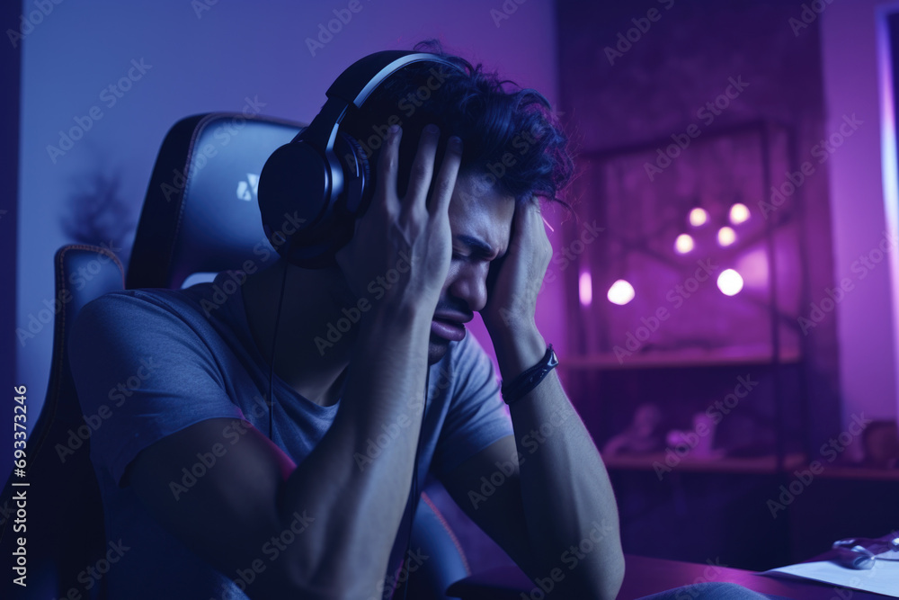 Poster a man sitting in front of a computer wearing headphones. perfect for illustrating work from home, re