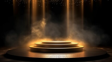 Fototapeta na wymiar Gold podium on dark background with smoke. Empty pedestal for award ceremony. Platform illuminated by spotlights