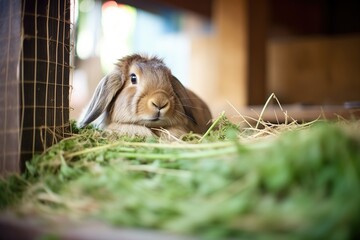 rabbit surrounded by fresh hay in hutch - obrazy, fototapety, plakaty