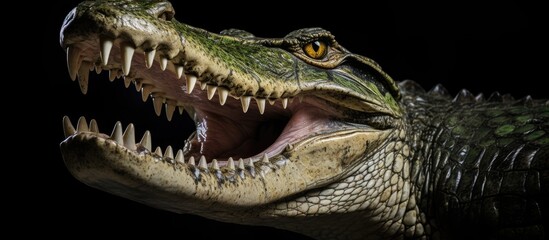Nile crocodile seen with open mouth at close range - obrazy, fototapety, plakaty