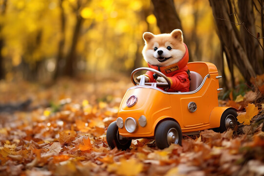 funny dog traveling by pedal car in autumn