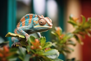 Obraz premium blue and green chameleon on a tropical plant