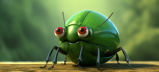 A green bug with a big round ball on its head