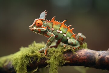 chameleon on bark with mossy patches