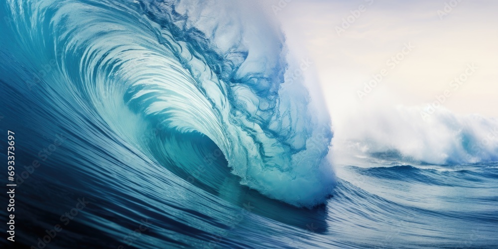 Poster A powerful and captivating image of a large wave crashing in the ocean. Perfect for illustrating the raw power and beauty of nature.