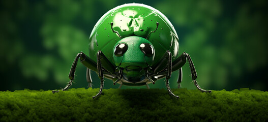 A green bug with a big round ball on its head