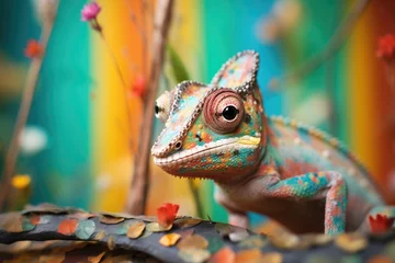 Rolgordijnen chameleon in terrarium with multicolored background © studioworkstock