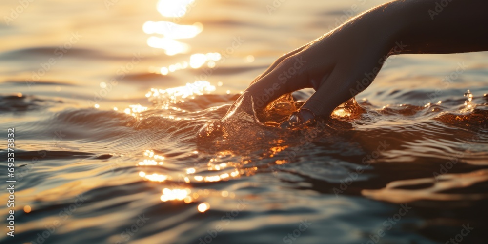 Poster a person's hand touching the calm surface of a body of water. suitable for various uses